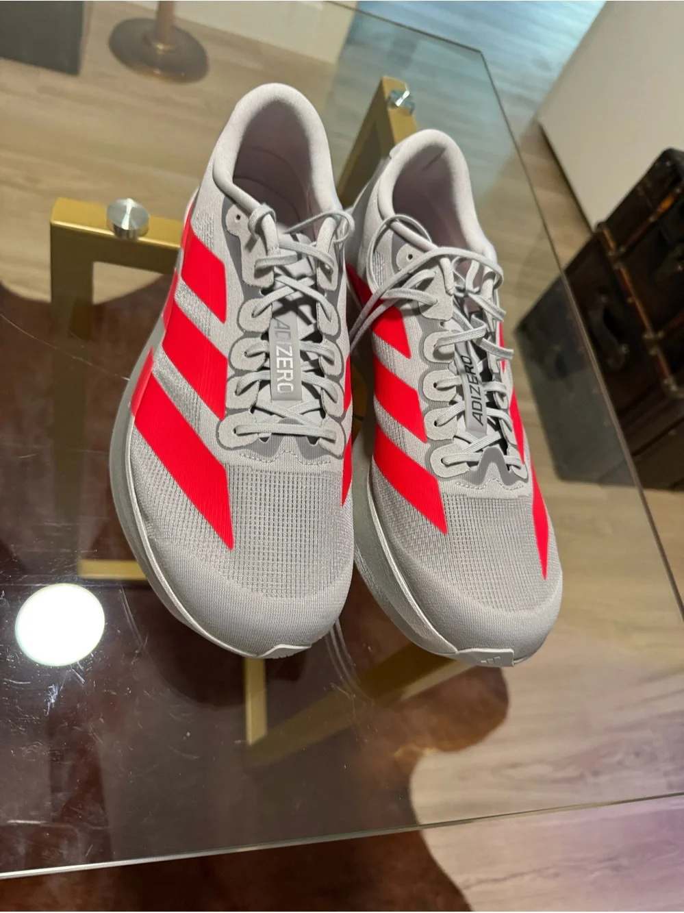 adidas Adizero EVO SL Running Shoes - Light Gray with Bright Red Accents